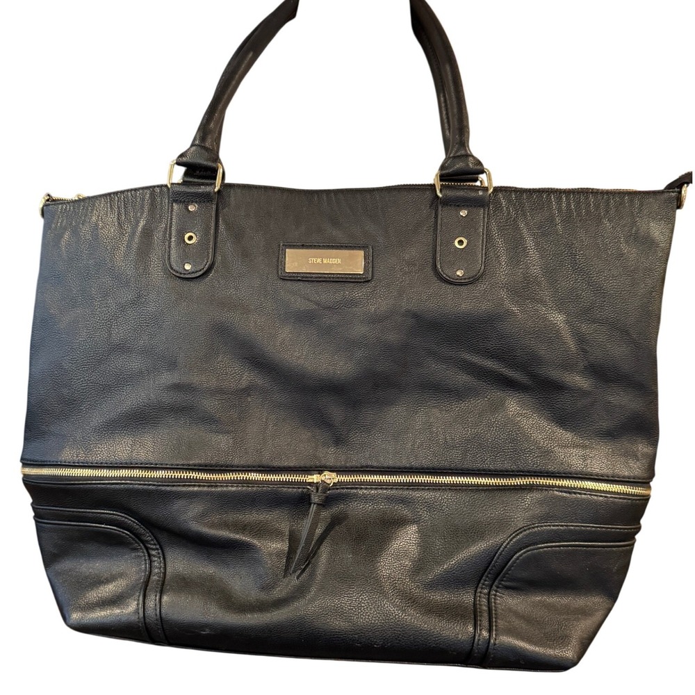 Steve Madden Black Faux Leather Expandable Tote Bag Gold Hardware Travel